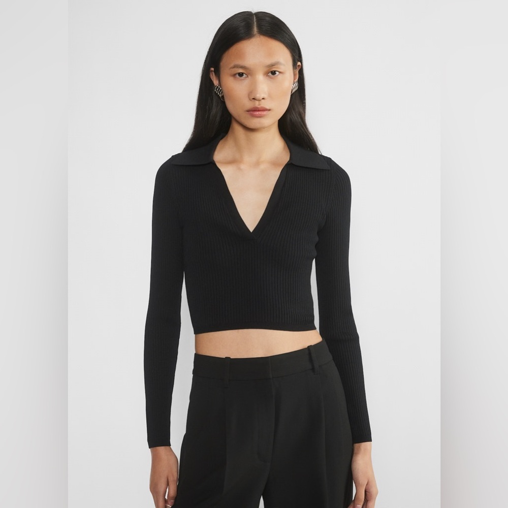Aritzia Babaton Sculpt Knit Polo Longsleeve Black Size Extra Small